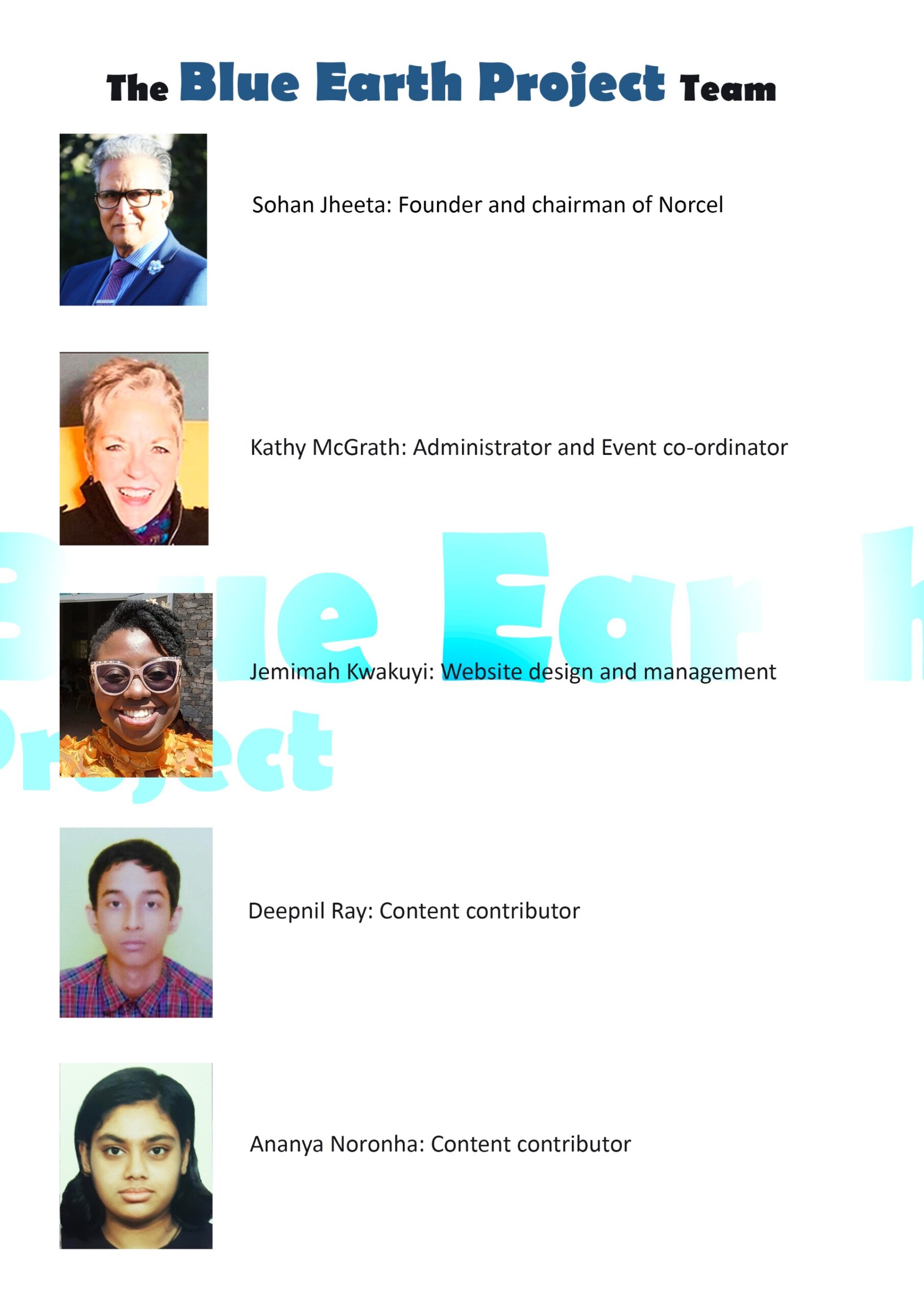 The Blue Earth Project Team: Sohan Jheeta, Kathy McGrath, Jemimah Enyonam Kwakuyi, Deepnil Ray, Ananya Noronha